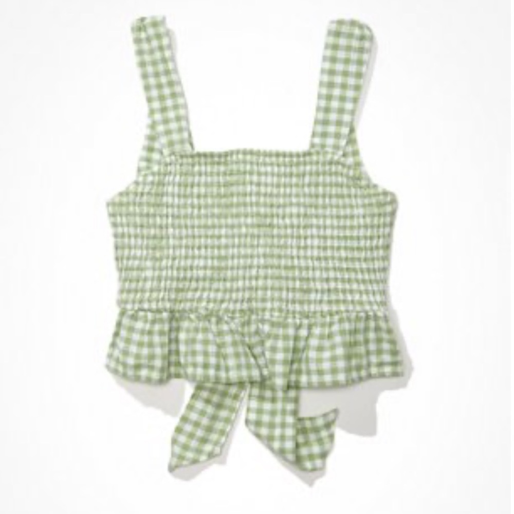 American Eagle Outfitters Green Gingham Smocked Tie-Front Tank